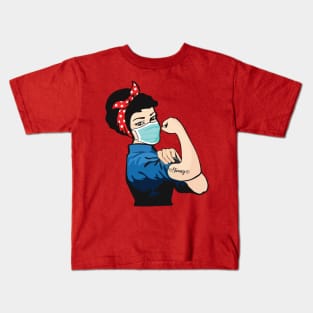 Pin Up Girl Black Hair Wearing Mask with Strong Tattoo Kids T-Shirt